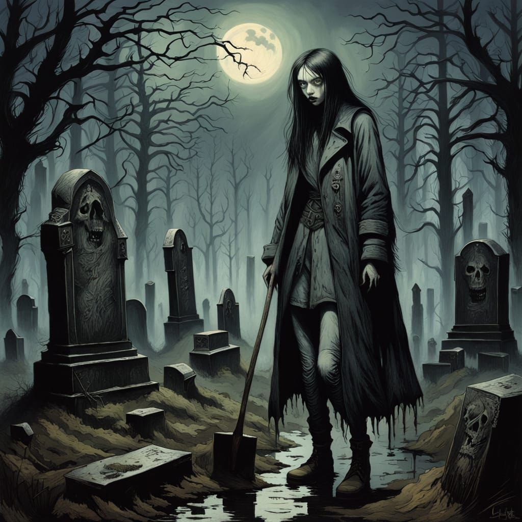 Gothic Teenage Grave Digger in a Foggy Cemetery at Dusk