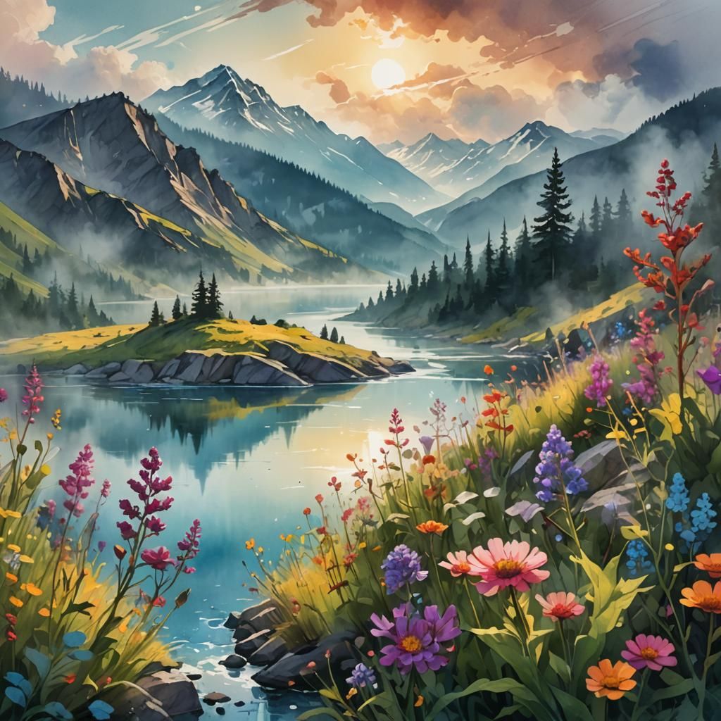Mountain Flowers in Abstract Expressionist Watercolor Style