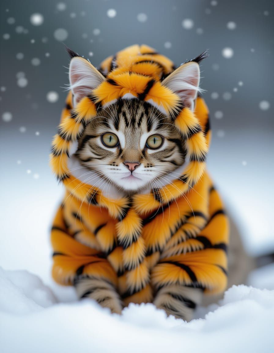 Cute Cat in Tiger Coat: Ultra-Realistic Winter Scene