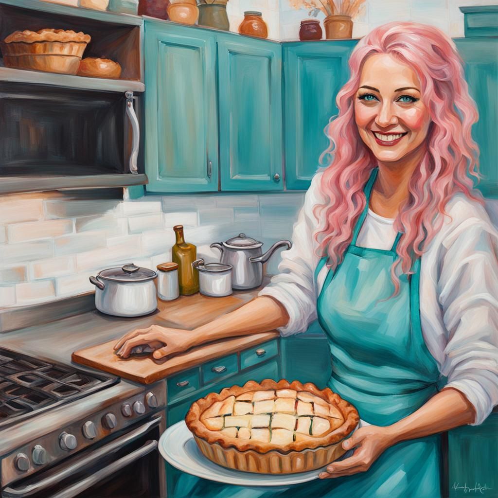 Smiling Woman Baking Pie in Acrylic Art Style