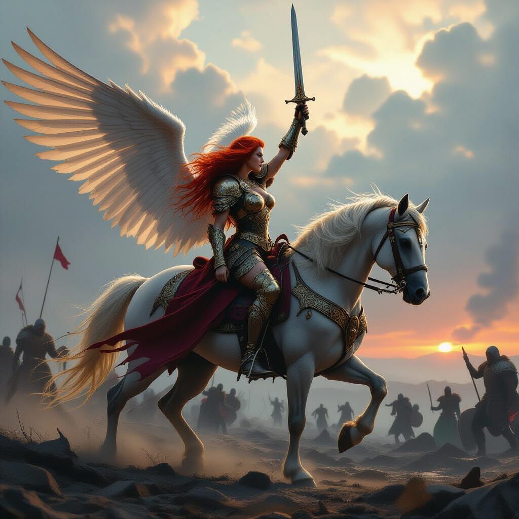 Valkyrie on Winged Horse over Battlefield