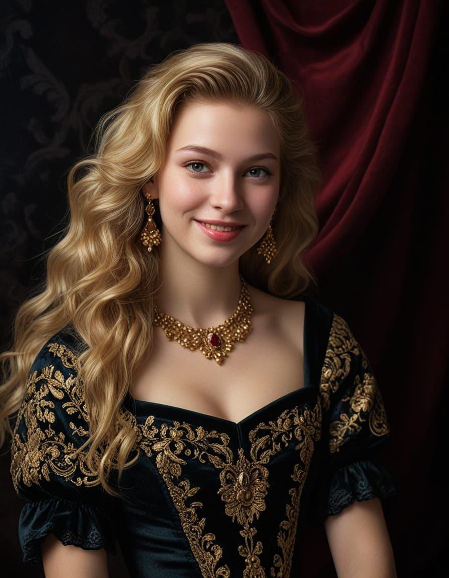 Baroque Oil Painting of a Smiling Blonde Woman in Velvet