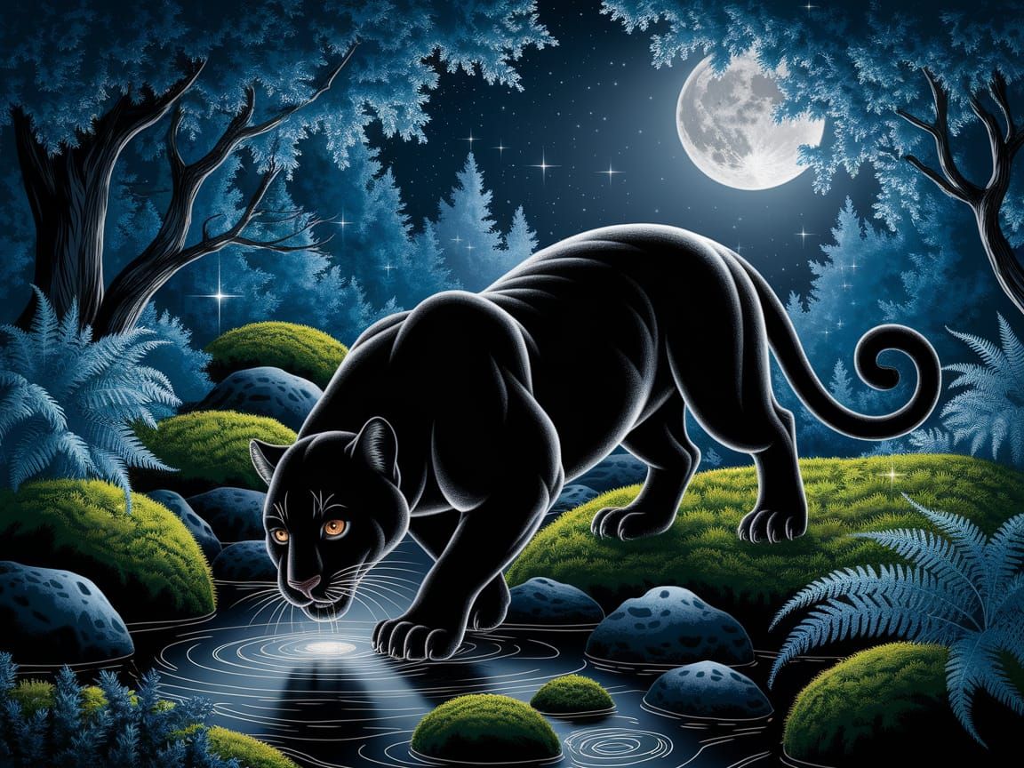 Mystical Black Panther Drinks Moonlight Stream