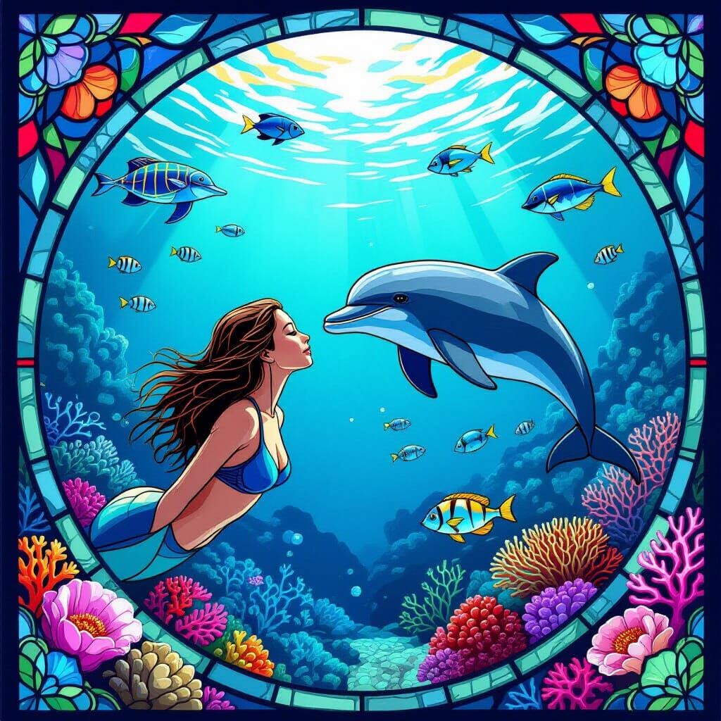 Stained Glass Sea World: Diver and Dolphin