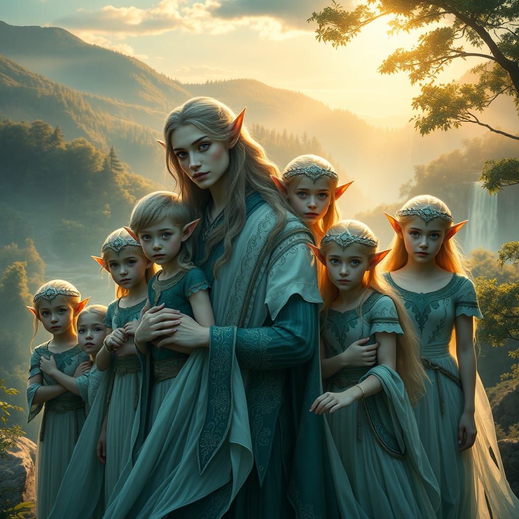 Enchanted Half-Elf Family in Whimsical Fantasy Landscape