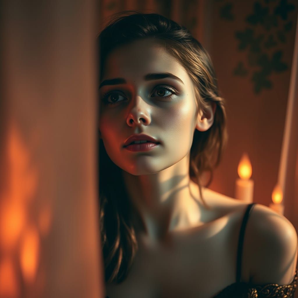 Woman in Contemplation with Ethereal Gaze