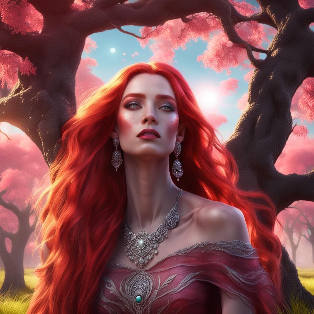 Goddess with Red Hair in Sunlit Meadow