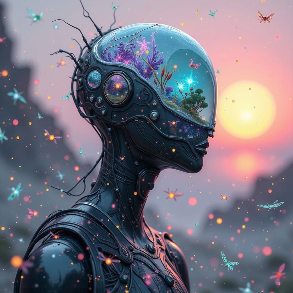 Oceanic Android in Cracked Glass: Hyperrealistic