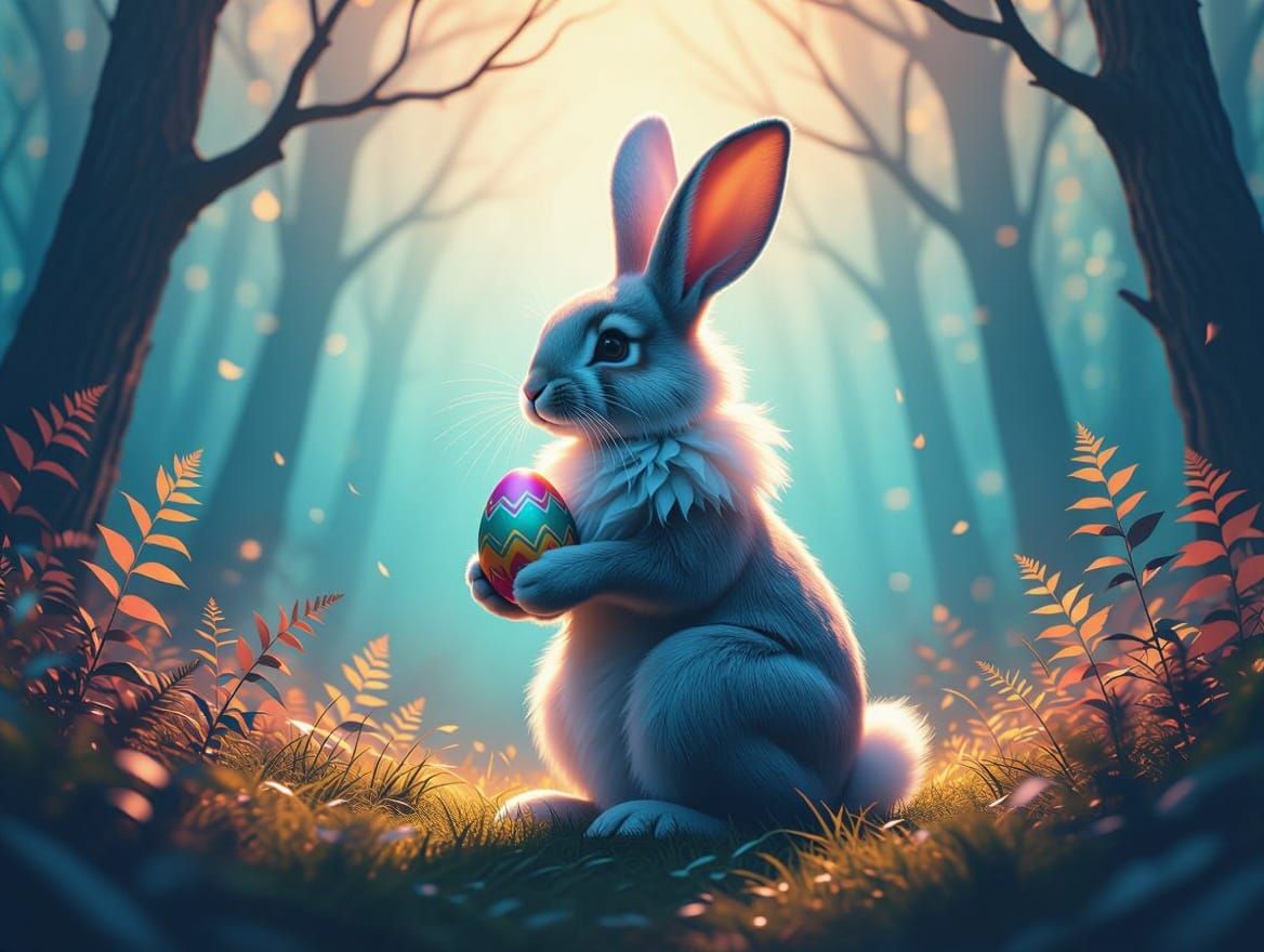 Whimsical Easter Bunny in Ethereal Autumn Forest