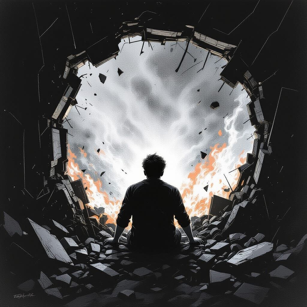 Hyperdetailed Charcoal Figure Amidst Swirling Flames