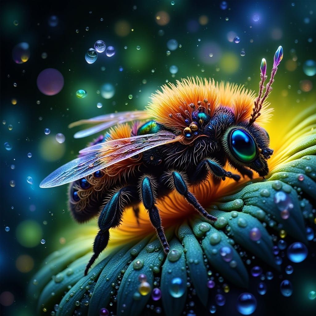 Cartoon Bee Sleeping in Starry Fractal Galaxy