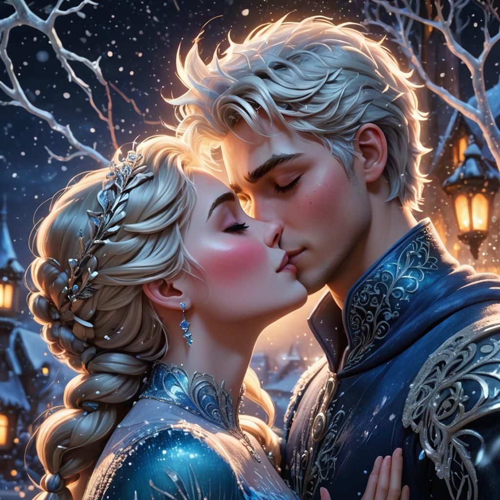 Elsa and Jack Frost Kissing: Hyperrealistic Concept Art