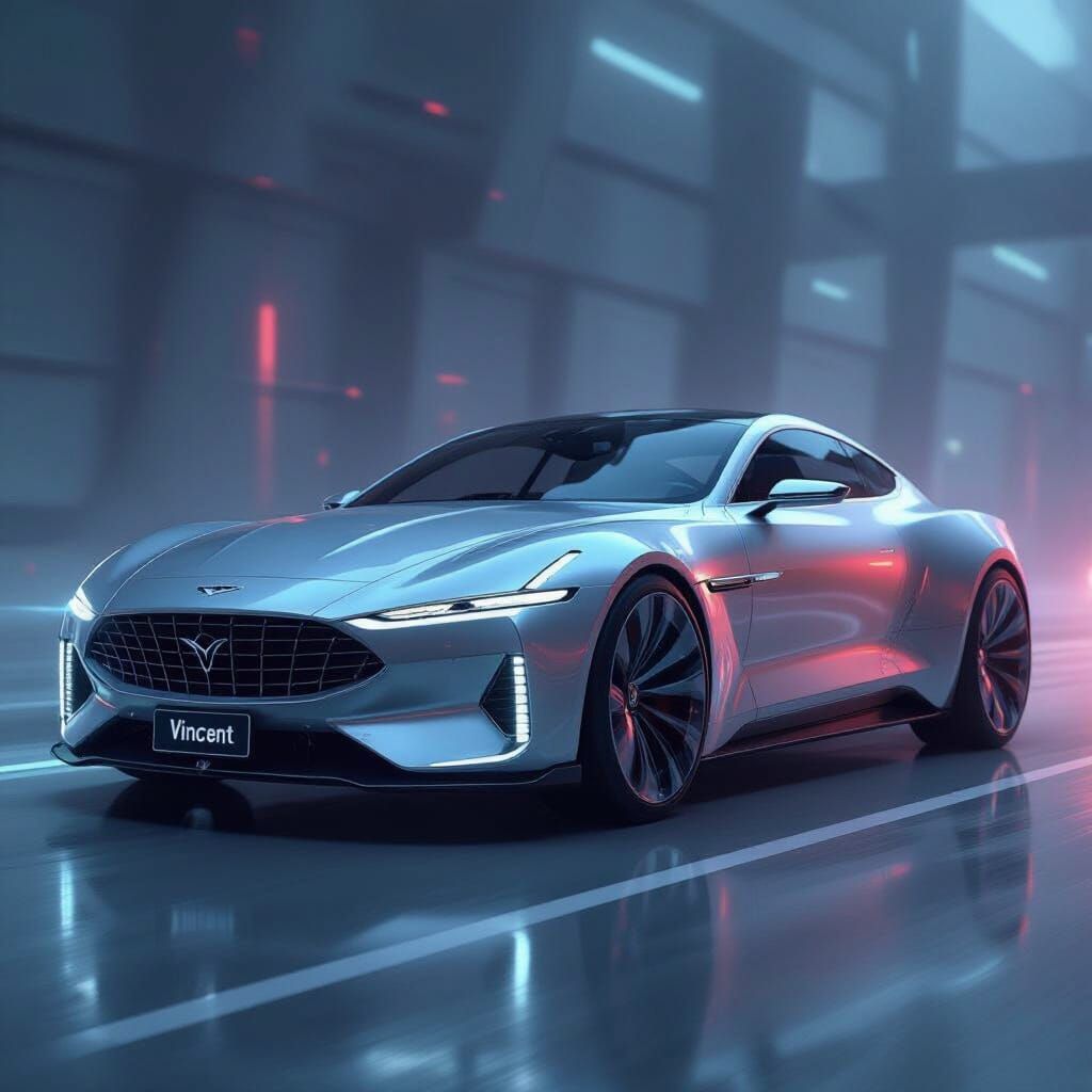 Futuristic Car with Metallic Finish in Neon Style