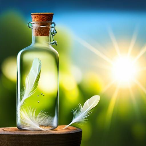 Feather in Glass Bottle with Fireflies