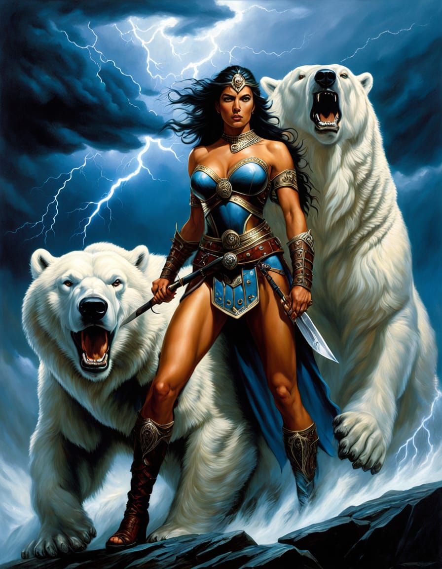 Female Barbarian Warrior and Polar Bear in Epic Storm