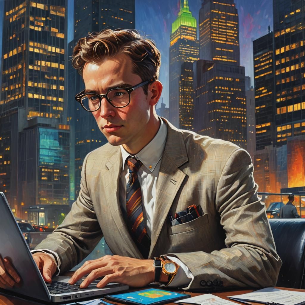 Hyperrealistic Young Coder in Cityscape Concept Art