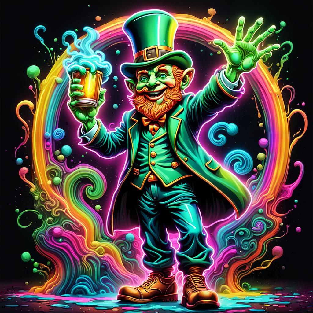 Waving Leprechaun Neon Sign in Psychedelic Street Art