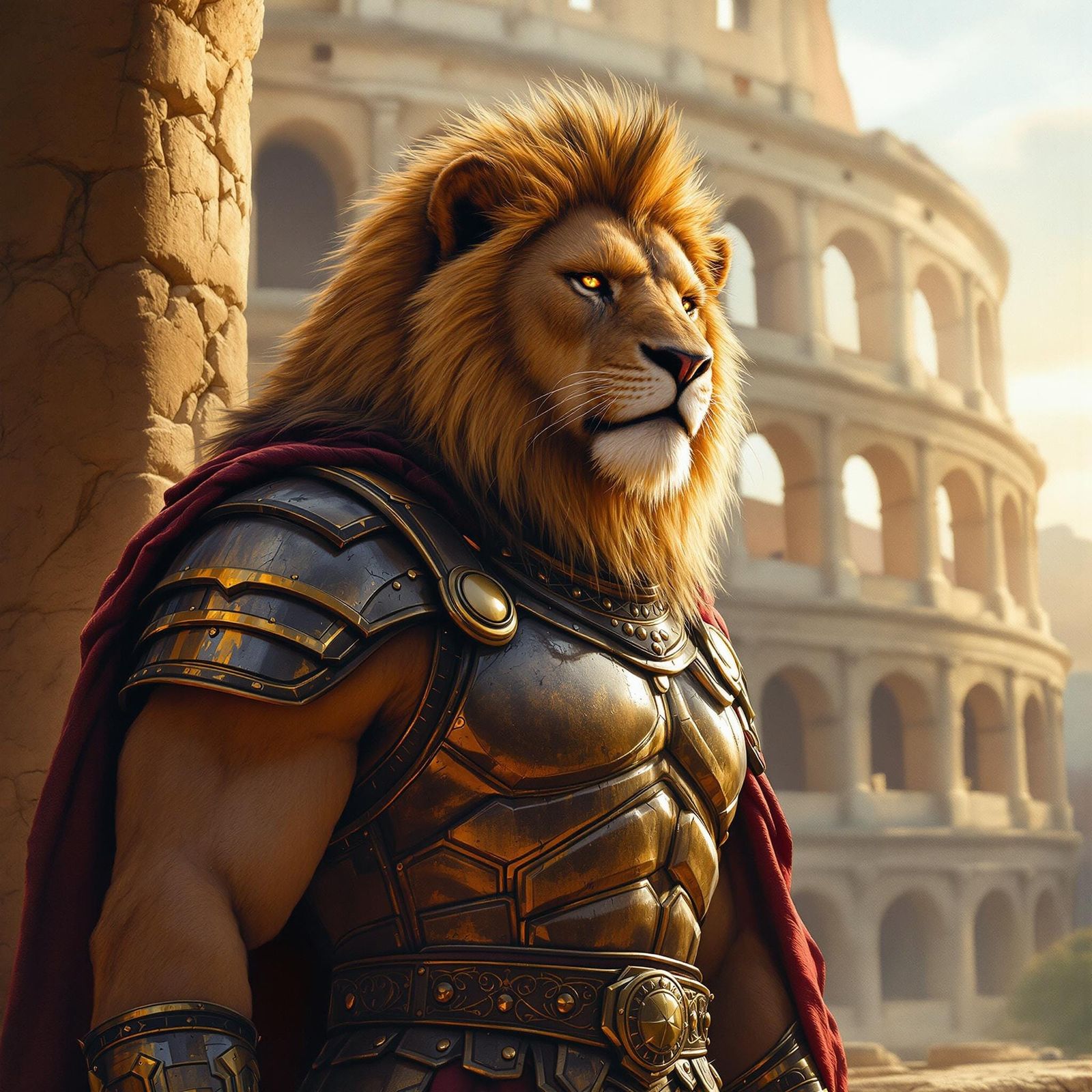 Regal Lion in Roman Armor Before the Colosseum