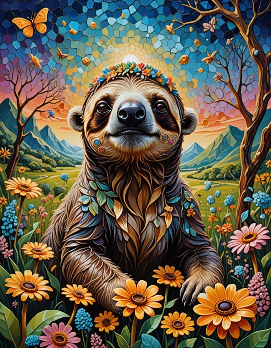 Surreal Sloth Dreamscape with Honeycomb Cow-Giraffes