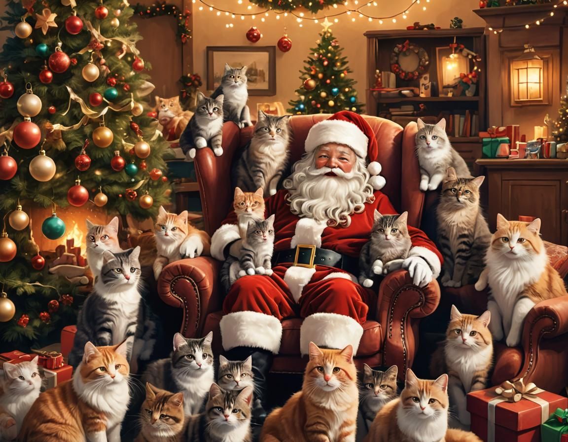 Santa Claus Surrounded by Cats: A Christmas Scene