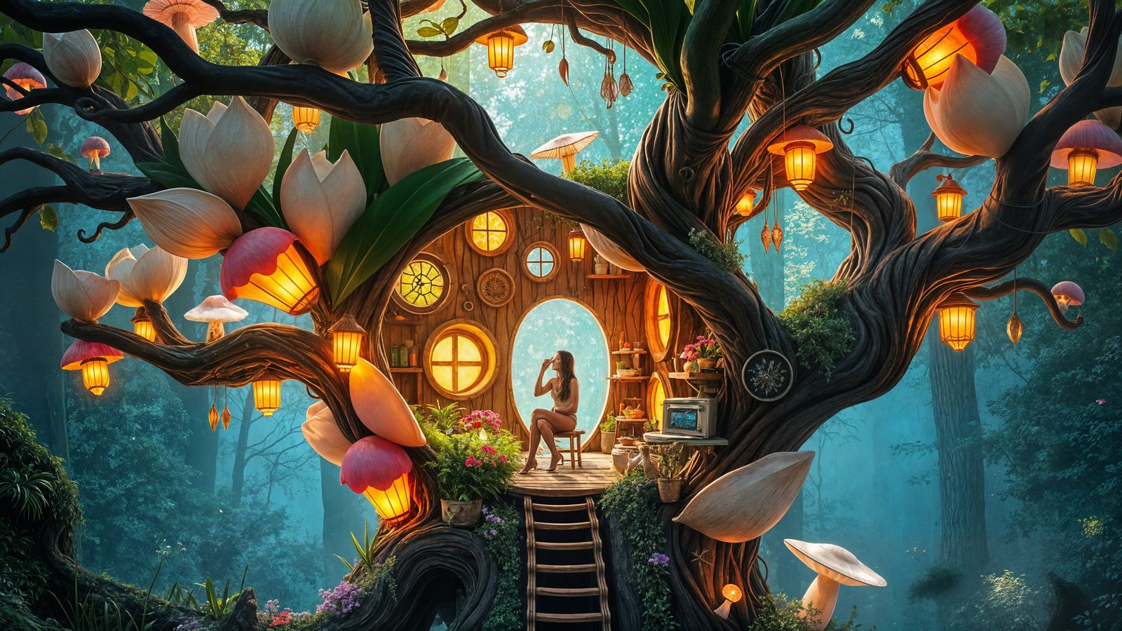 Surrealist Kitchen Utensil Woman Sits in Blooming Flower Tre...