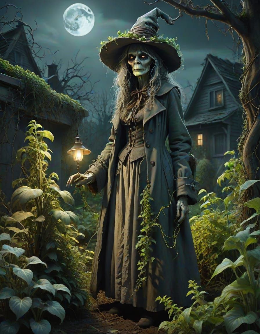 Moonlit Garden with Twisted Flora and Hag