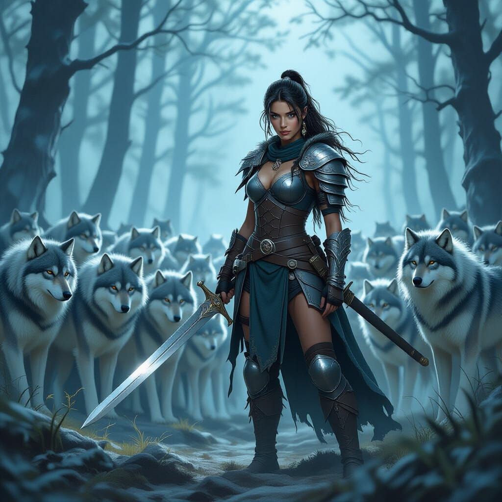 Warrior Girl Honored by Wolves in Misty Forest