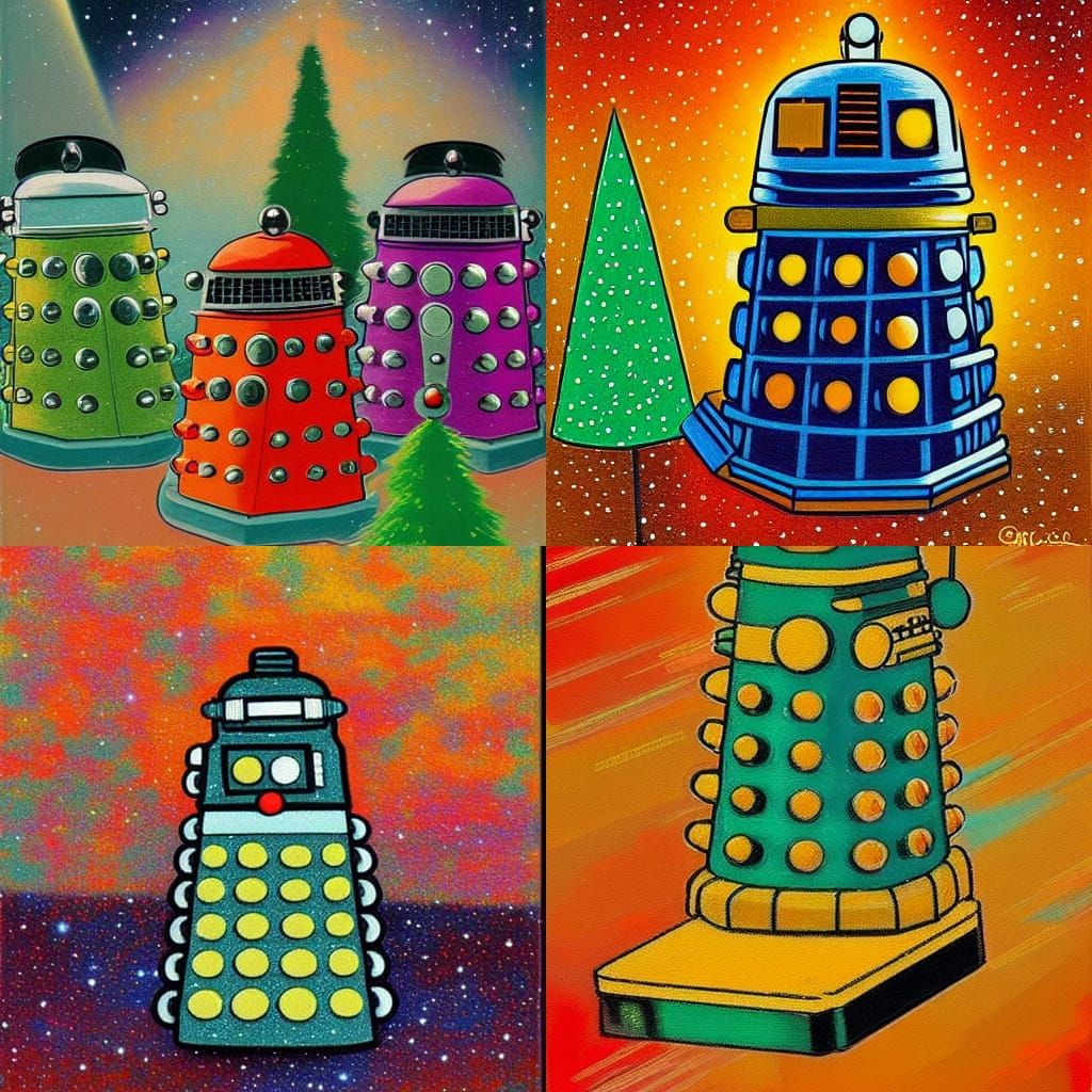 Daleks Disguised as Christmas Trees in Pop Art Style