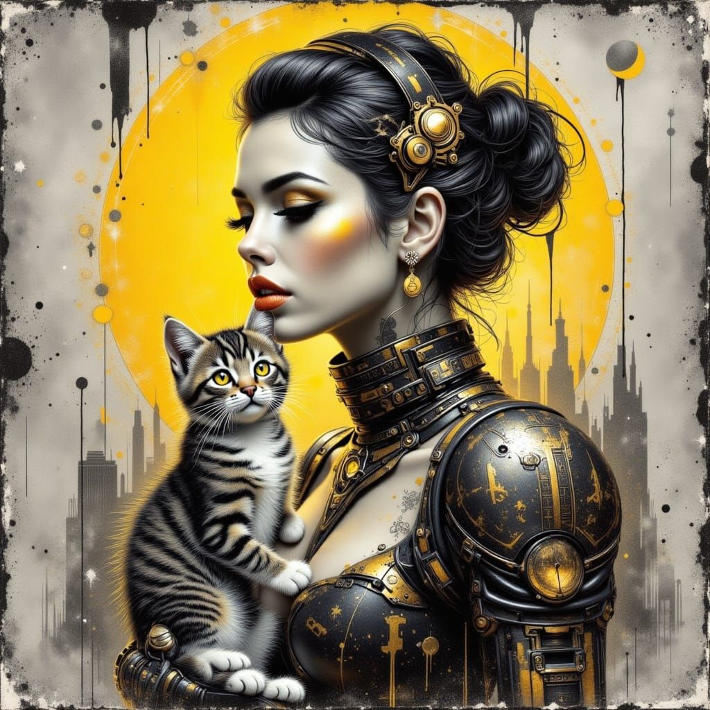 Woman in luxurious, high-tech gown posing with adorable kitt...