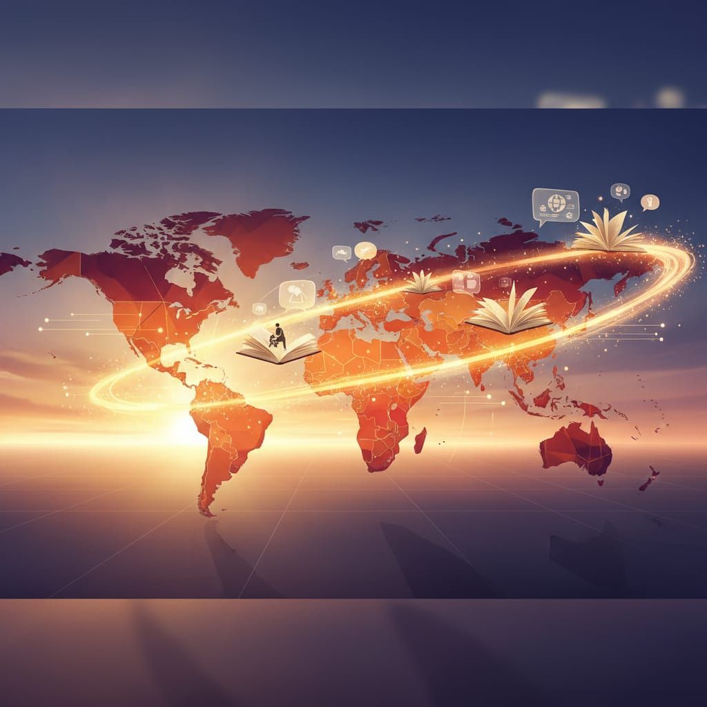 Stylized World Map with Glowing Path and Floating Elements