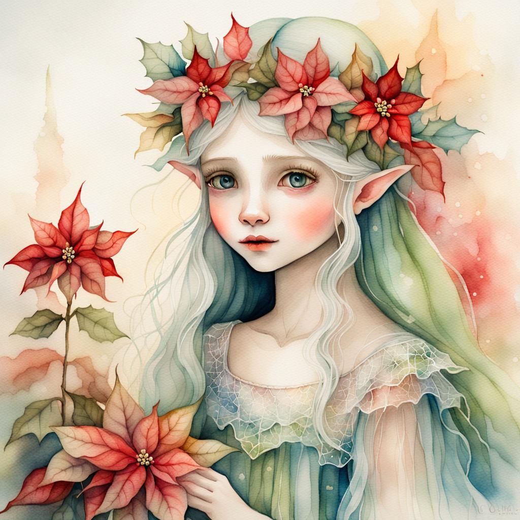 Pixie Elf Smelling Poinsettia in Watercolor Portrait