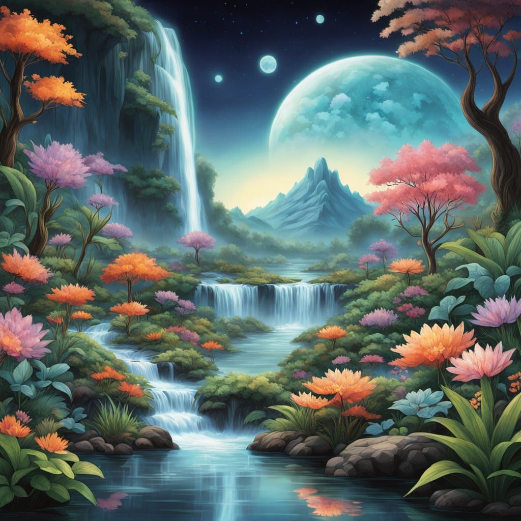 Anthropomorphic Planet Earth Meditating in Floating Garden