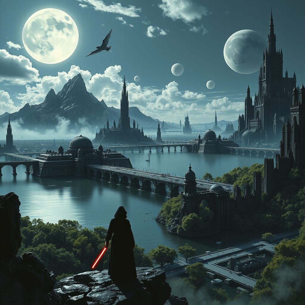 Hyperrealistic Dark Cityscape with Floating Islands