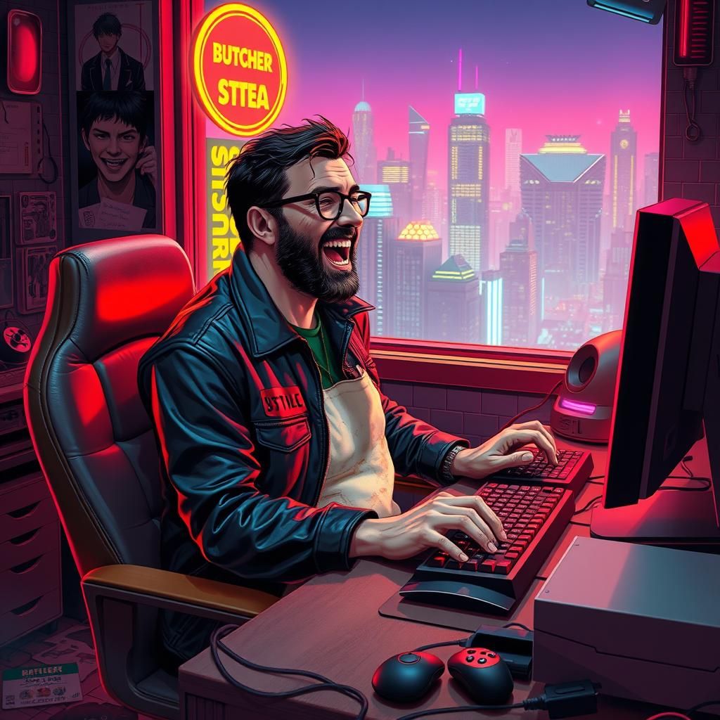 Cyberpunk Butcher Gaming in Neon Cityscape