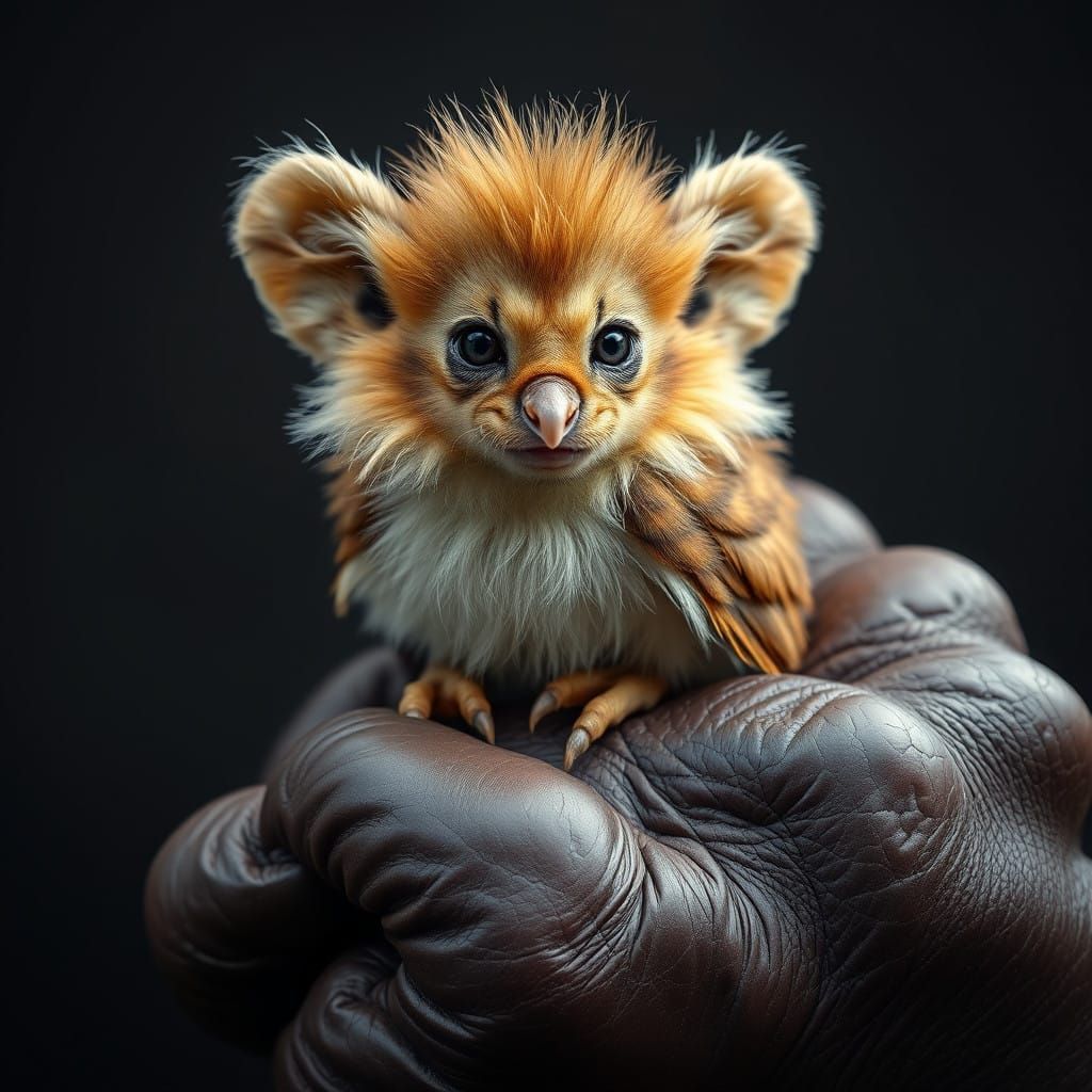 Intricate Lion-Bird Hybrid on Gorilla Hand with Elephant Ear...