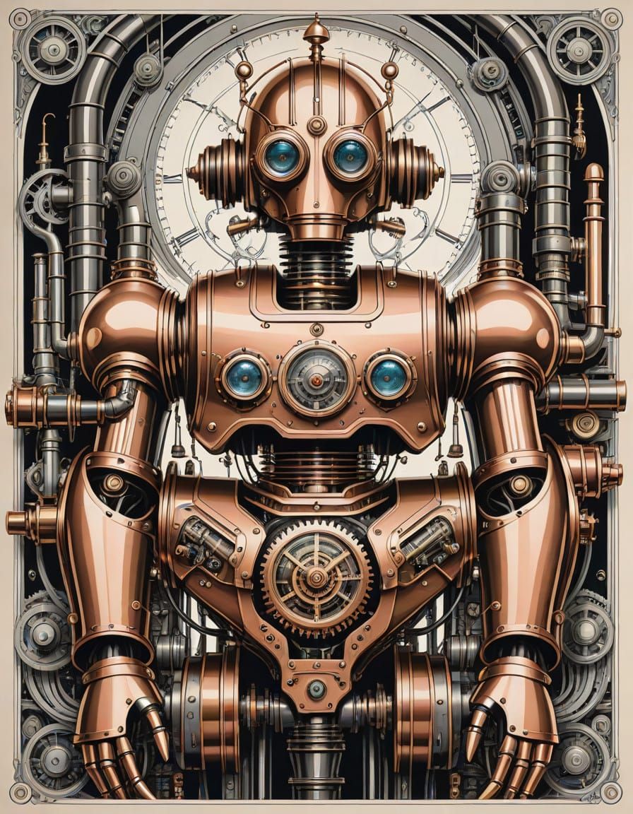 Vintage Steampunk Robot in Intricate Black and White Fine Li...