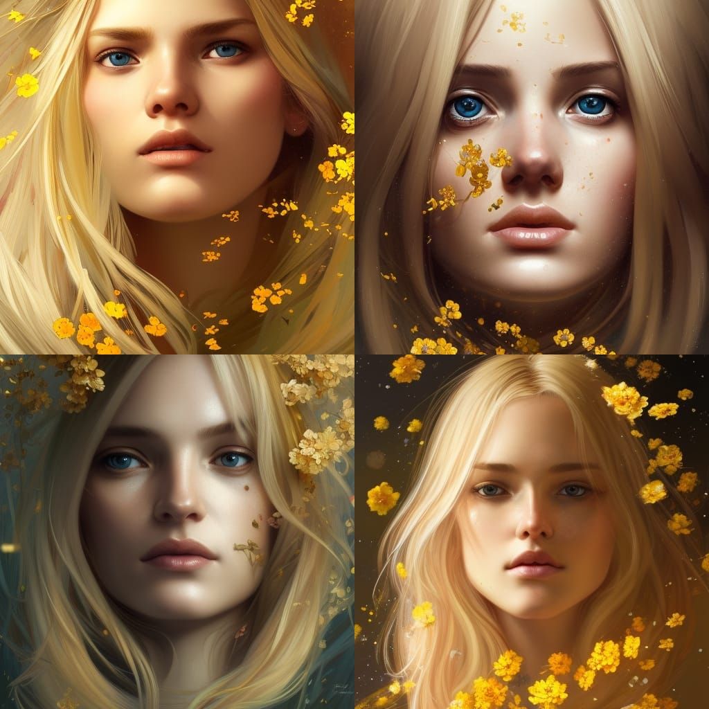 Dreamy Blonde Woman with Golden Flowers Portrait