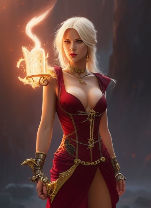 Fantasy Spellcaster in Arcane Library, Hyperdetailed Portrai...