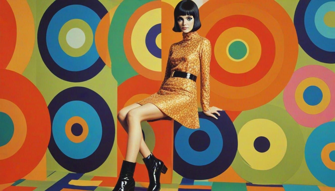 Groovy 1960s Fashion Model in Psychedelic Mini Skirt and Gog...