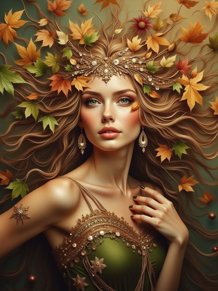 Art Nouveau Woman in Green Dress Amidst Fall Leaves
