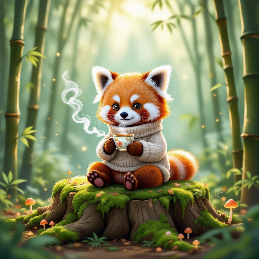 Red Panda Sipping Tea in Misty Forest, Watercolor Style