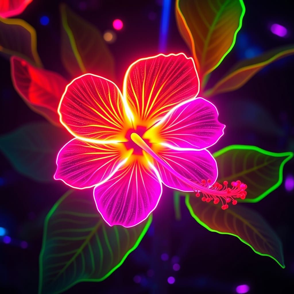 Neon Hibiscus Flowers with Ethereal Glow