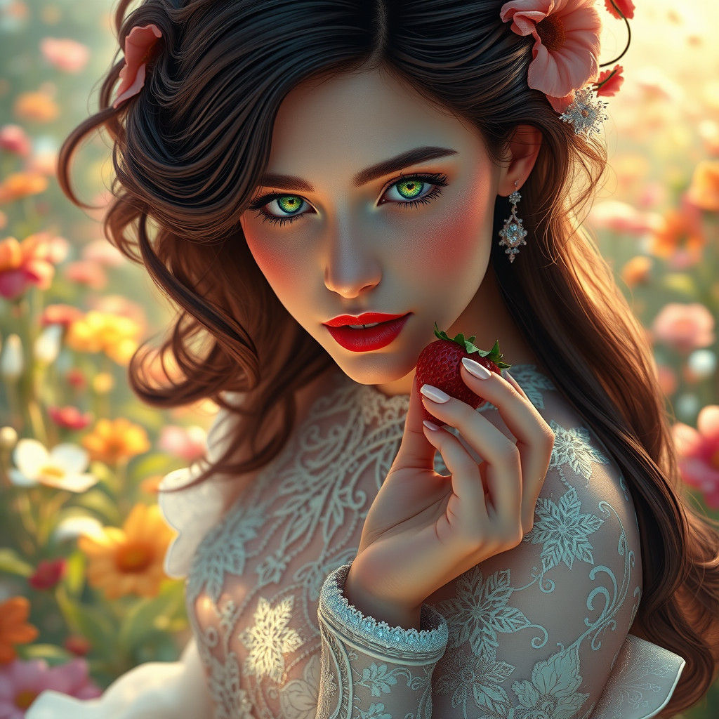 Ethereal Woman in Garden with Strawberry