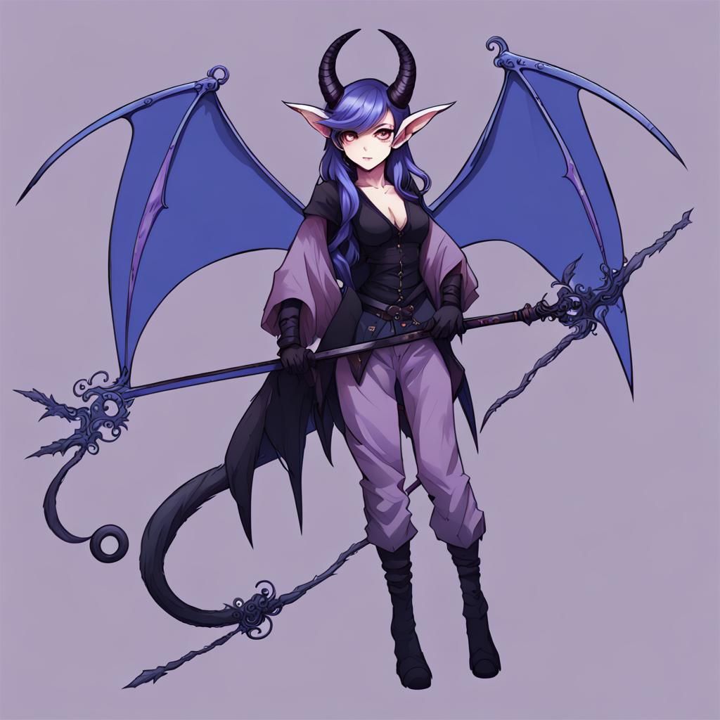Tiefling with Bat Wings in Anime Style