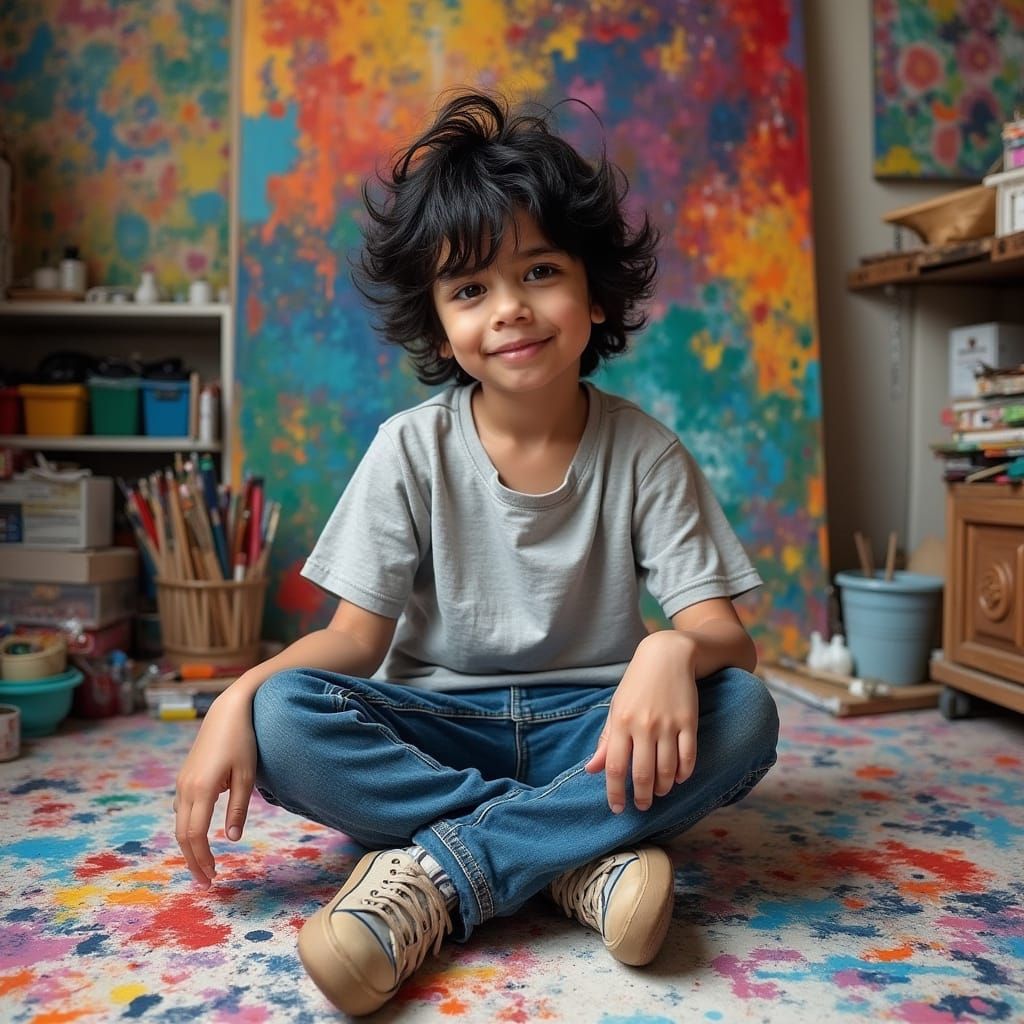 Boy Surrounded by Art in Pop Surrealist Style