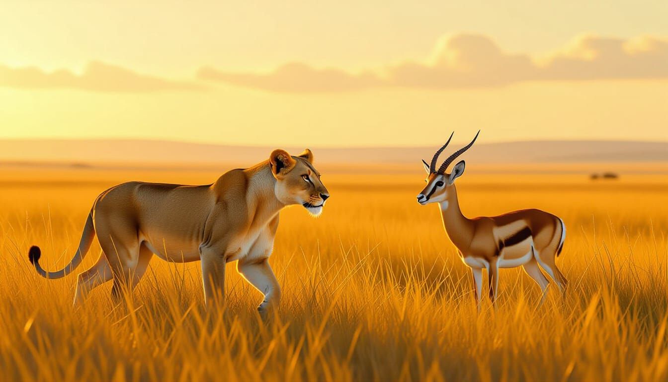 Lioness Stalking Prey on the Savannah, Hyperrealistic Style