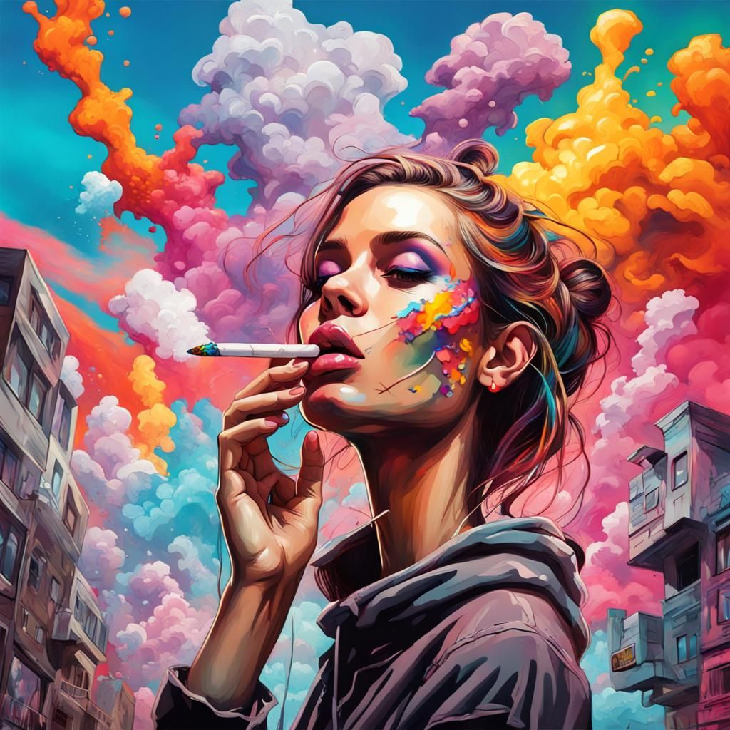 Psychedelic Crystal Dream: Girl Smoking DMT in Graffiti Art