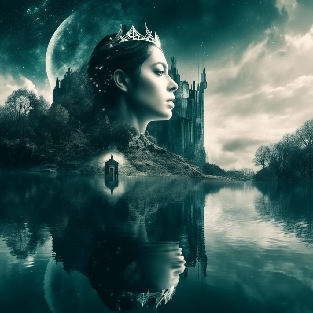 <lora:SurDime:1.0> double exposure of a king arthur's castle...