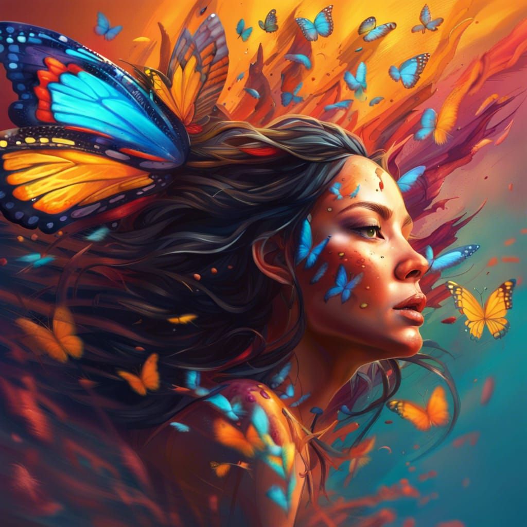 Butterfly Woman in Flight: Hyperrealistic Splash Art