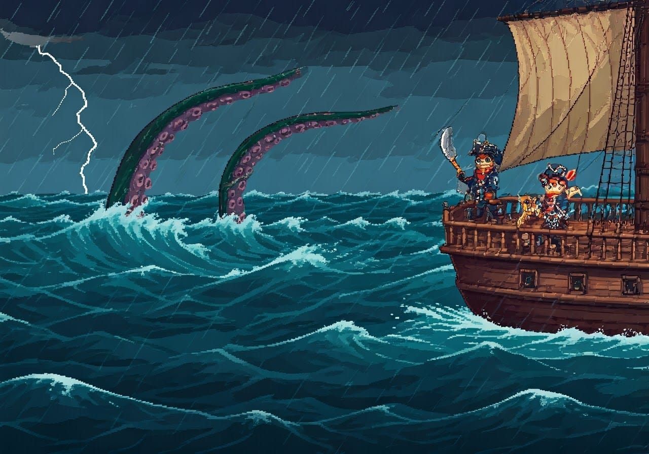 Pixel Art Pirate Cats Fight Kraken